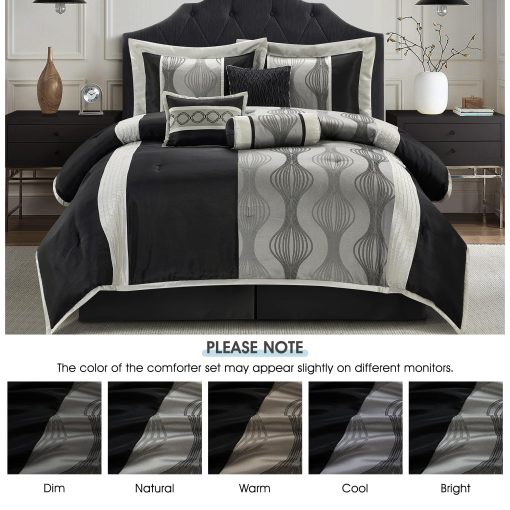Juego de Edredon California King LANCO MODERN LIFESTYLE, Negro Plata, 7 Piezas en un Bolso, Jacquard con Piezas Solidas, Set de Cama de Lujo con Edredones, Falda de Cama, Fundas de Almohada y Cojines Decorativos - Imagen 3
