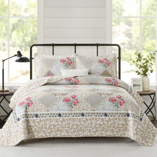 Colcha de Cama Floral Extra Grande King 128"x120" - 100% Algodon Reversible Colcha California King con 2 Fundas de Almohada, Colcha de Cama King Ligera, Marron, Cal King