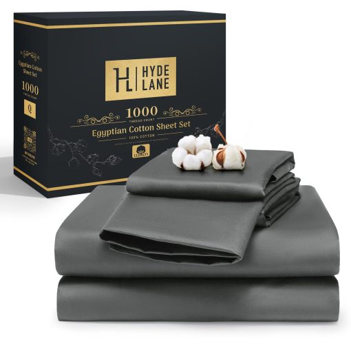 Juego de sabanas de lujo Hyde Lane de 1000 hilos Queen, 100% algodon egipcio, juego de sabanas de saten - Bolsillo profundo de 18", muy comodo y grueso, 4 piezas (Queen, Gris)