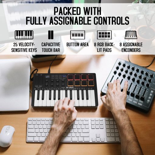 Controlador de teclado MIDI USB de 25 teclas M-Wave con 8 pads de bateria retroiluminados, Bluetooth Semi Ponderado teclado profesional dinamico de 8 perillas y produccion musical, software incluido (clasico) K5 - Imagen 3