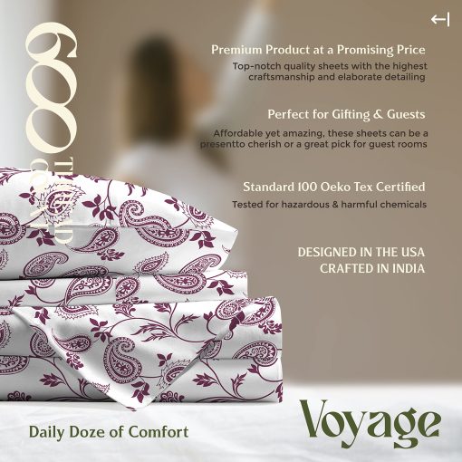 Juego de Sabanas de 100% Algodon Egipcio Estampado de Mayfair Linen - Juego de Sabanas 4 PC King de 600 Hilos, Sabanas de Lujo de Saten para Cama King, Bolsillos Extra Profundos de 16" para Cama King - Paisley - Imagen 7