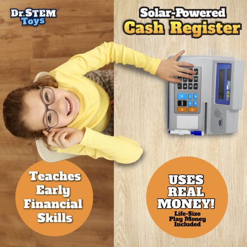 Juguete educativo Dr. STEM Pretend & Play Calculadora registradora con dinero de juego - Funciona con energia solar, set de 67 piezas para aprender habilidades matematicas, caja registradora STEM para ninos (Gris) - Imagen 4