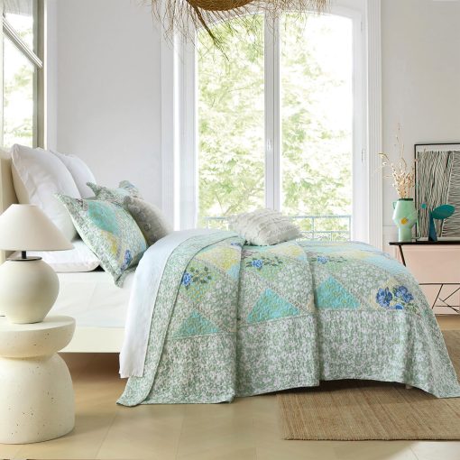 SahSahCasa 100% Algodon 120"x120" Colcha California King Extragrande, Juego de Cubrecama Acolchado Cal King, Colcha XL de Cama Estampada Ligera, 3 Piezas, Verde/Azul - Imagen 8