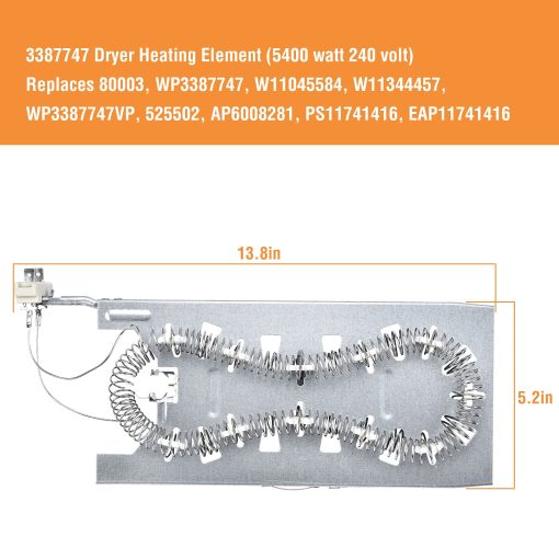 Repuesto de Elemento Calefactor para Secadora 3387747 Reemplaza PS11741416 WP3387747VP WP3387747 80003 AP6008281 525502 EAP11741416 (5400Watt 240 Volt), con Kit de Fusible Termico y Termostato 3392519 279816 279973 - Imagen 2