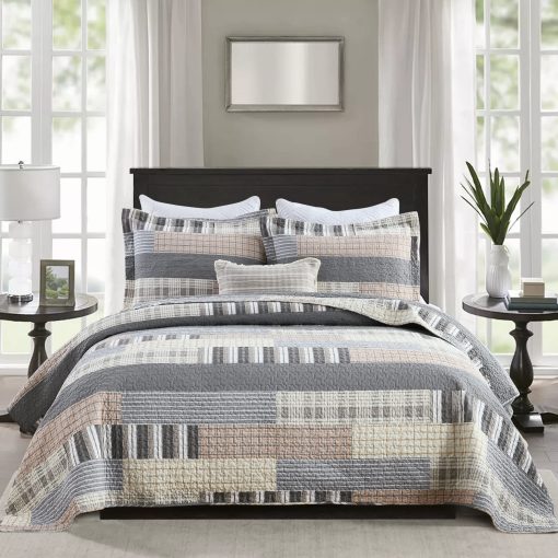 Conjunto de Edredon PANGUSHAN Tamaño King, Juego de Ropa de Cama de Edredon 100% de Algodon, Colchas Acolchadas, Patchwork Cuadros Granjas Reversible, Colcha de Cama Ligera para Cama King, Gris/Marron, 3 Piezas