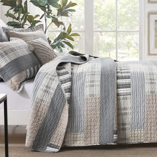 Conjunto de Edredon PANGUSHAN Tamaño King, Juego de Ropa de Cama de Edredon 100% de Algodon, Colchas Acolchadas, Patchwork Cuadros Granjas Reversible, Colcha de Cama Ligera para Cama King, Gris/Marron, 3 Piezas - Imagen 3