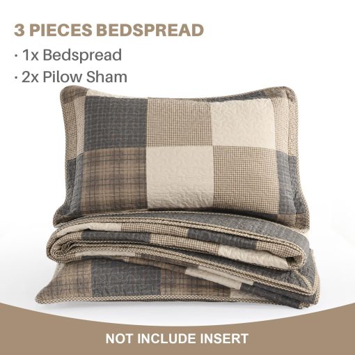 Colcha de cama extragrande FineStichery 120" x 120", 100% algodon Colcha ligera de cama de cobertor de cama de campo, juego de cobertor de cama de 3 piezas, carbon/beige/marron - Imagen 5