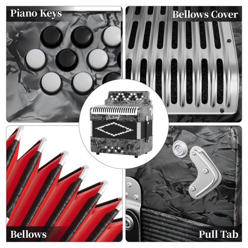 Acordeon Diatonico de 31 Teclas, 12 Bajos, G/C/F, Instrumento de Acordeon para Adultos con Maleta, Pano de Limpieza, Correas y Guantes (Plata) - Imagen 4