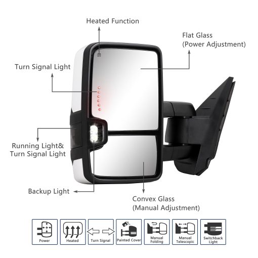 Espejo de remolque Switchback para Chevy Silverado GMC Sierra 2007-2014 con cristal calefactado ajustable, luz de marcha integrada, luz de giro y luz de respaldo, pintado en blanco 8624 - Imagen 3