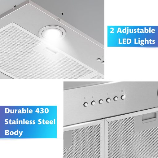 Extractor de Campana de 24" ONEEON, Acero Inoxidable 500CFM Empotrable en Cocina, Ventilador de Escape de 4 Velocidades, Filtros de Laberinto Aptos para Lavavajillas, Luces LED y Apagado con Retardo de 3 Minutos - Imagen 5