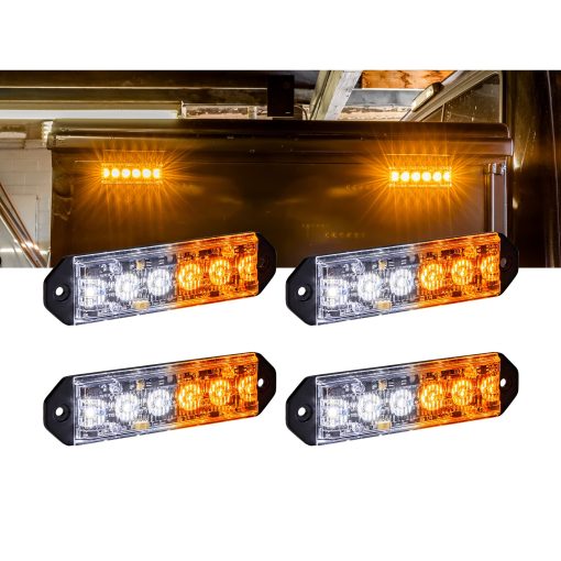 4pc PlanarFlash 6W Luz Intermitente Estroboscopica LED AMBAR BLANCA [Ultra Plana] [SAE CLASE 1] [72 Modos de Destello] [Sincronizacion de Multiples Unidades] [Montaje en Superficie] Luz de Rejilla de Emergencia Amarilla para Vehiculo de Policia de Camion