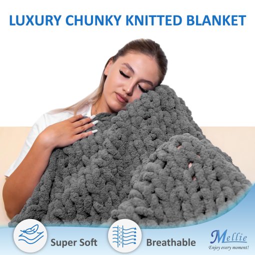Manta de Lana Gruesa Mellie, Manta de Punto de Cable de Lana Ultra Suave, Manta de Gran Tamano para Sofa Lavable a Maquina - 127x152 cm (Gris Oscuro) - Imagen 2