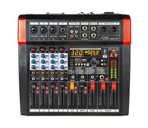 Mezclador de Audio Audio2000'S AMX7381 de Cuatro Canales con 320 Efectos de Sonido DSP, Sub Salida Estereo con Control de Nivel de Sub-Salida, Faders de Control de Nivel en Todos los Canales, y Interfaz USB/Computadora - Imagen 3