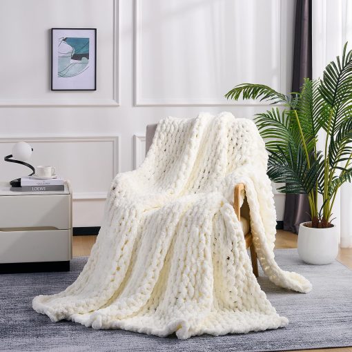 Manta de Punto Grueso L'AGRATY: Manta de Chenilla Suave de 60x80 - Manta de Ganchillo Grueso Hecha a Mano - Manta de Cable Grueso para Sofa Cama Decoracion del Hogar (Blanco Crema)