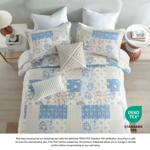 Colcha King DDUOXIN (120"x120") - 100% Algodon, Colcha Reversible Acolchada con 2 Fundas de Almohada, Juegos de Colchas Ligeras con Diseño Floral Campestre, Azul, King/Cal King - Imagen 4