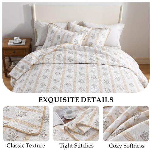 Edredon Queen CozyStitch, Edredon de Algodon 100%, Juego de Conforter Queen Moderno Estilo Granja, Colcha Blanca/Beige Acolchada, Juego de Ropa de Cama Reversible Ligero Floral Todo Temporada, 3 Piezas - Imagen 4