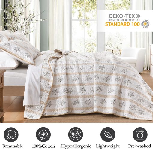Edredon Queen CozyStitch, Edredon de Algodon 100%, Juego de Conforter Queen Moderno Estilo Granja, Colcha Blanca/Beige Acolchada, Juego de Ropa de Cama Reversible Ligero Floral Todo Temporada, 3 Piezas - Imagen 3