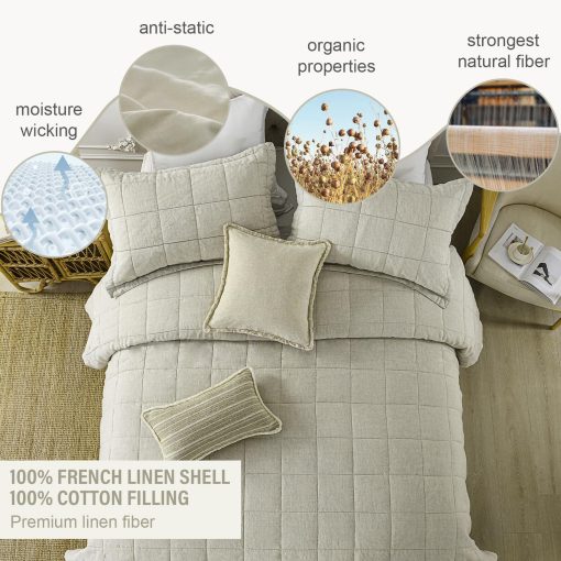 Colcha de lino King FineStichery, Colcha acolchada de caja para cama suave, Juego de ropa de cama de lino de lino de lino de 3 piezas, Edredon ligero de relleno de algodon para todas las estaciones con 2 fundas a juego - Imagen 4