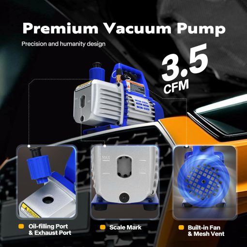 VIVOHOME 110V 1/4 HP 3.5CFM Bomba de Vacio de Paletas Rotativas de Una Etapa y Juego de Manifold de AC con Termometro para R134a R12 R22 R502 R410a HVAC Aire Acondicionado Refrigeracion Recarga - Imagen 2