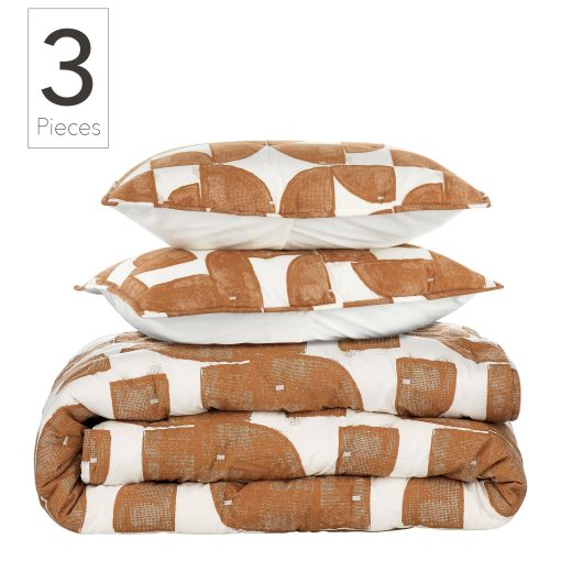 Juego de Edredon de Algodon Percale Estampado Shapes Nate Home by Nate Berkus | Ropa de Cama de Lujo Comoda - Tamano King - 1 Cubierta de Edredon/2 Fundas de Almohada, Bronce/Blanco Antiguo - Imagen 2
