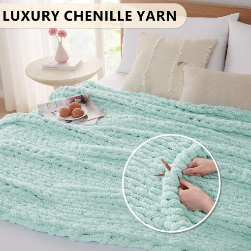 Manta de Punto Grueso L'AGRATY: 60''x80'' Manta de Punto Grueso de Chenilla para Cama y Sofa - Manta de Cable Grueso Hecha a Mano - Manta Grande de Ganchillo para Decoracion del Hogar (Verde Menta) - Imagen 3