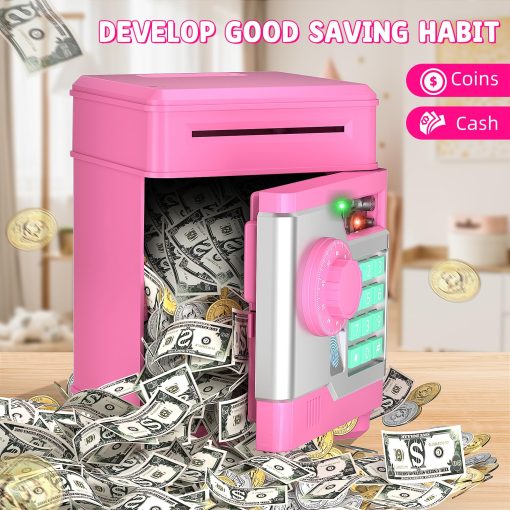 Hucha Automatica Electronica NAFEIV para Ninos y Ninas con Contrasena y Desbloqueo de Huella Dactilar Simulacion, Caja de Dinero Segura para Ninos Juguetes para Ninos de 3 4 5 6 7 8 9 10 Anos (Rosa) - Imagen 5