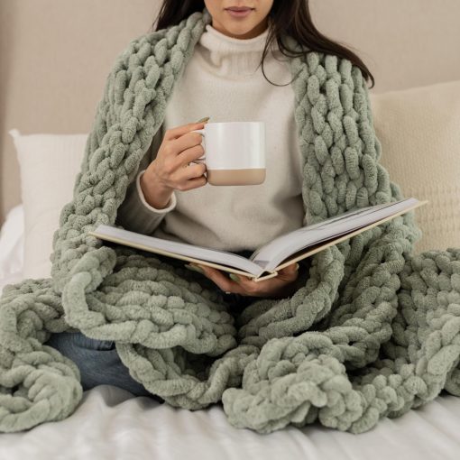 Manta de Punto Grueso SAMIAH LUXE Verde Salvia 50x60, Manta de Punto Grueso para Sofa, Manta de Punto Grueso Grande, Manta de Chenilla, Manta de Punto Grueso para Cama, Manta de Punto Grueso
