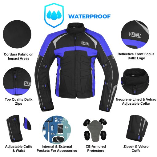 Chamarra de Moto DALLX Textil Impermeable para Hombre Dualsport Enduro con Armaduras CE Todo Clima (Negro Azul, Pequeno) - Imagen 3