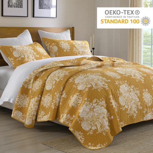 Juego de edredon estampado floral amarillo PERHOM en tamano King - Juego de edredon King de algodon 100%, suave y transpirable, juego de ropa de cama de estilo campestre, cubrecamas, edredon de cama para todas las estaciones, 3 piezas - Imagen 2