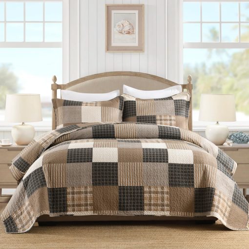 Juego de edredon 100% algodon PANGUSHAN tamano Queen, Edredon Queen, Juego de ropa de cama rustico de cuadros de granja ligero Edredon acolchado Colcha, Edredon carbon / beige / marron para cama Queen, 3 piezas