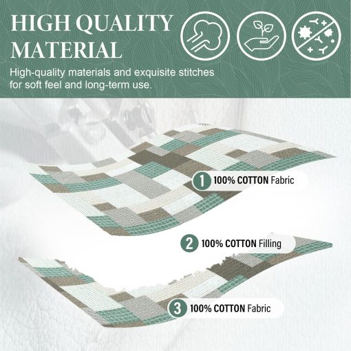 Juego de Edredon King Size SahSahCasa, Juego de Edredon King, Juego de Ropa de Cama de Edredon King 100% Algodon, Colcha Patchwork de Estilo Granja, Colcha Reversible Ligera Rustica, Verde/Marron Arenoso/Blanco - Imagen 4