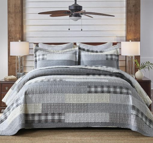 Juego de Edredon BCOTTOND Tamano Queen 100% Algodon Estilo Granja Cuadros Patchwork Reversible Edredon Juego de Ropa de Cama Acolchado Ligero para Cama Queen, 3 piezas, Gris/Crema/Beige
