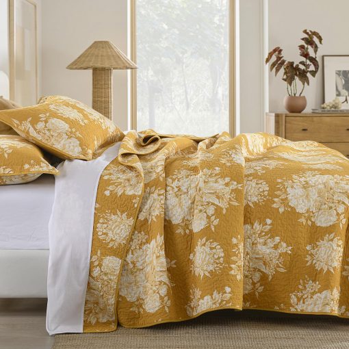 Colcha de Tamaño King 100% algodon DUOHONG, Amarillo Floral Juego de Cama King Colcha Ropa de Cama Ligera Edredon para Cama King, 3pcs, Amarillo Abeto - Imagen 2
