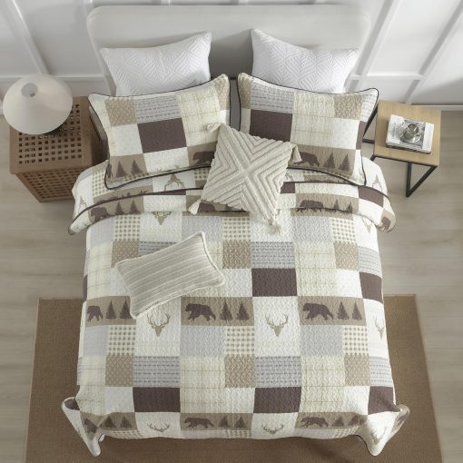 Edredon Queen Size DUOHONG, Juego de Edredones para Cama Queen, 100% Algodon, Edredon Rustico para Cama Queen, Edredon Reversible Ligero con Patrones de Vida Silvestre, Crema/Marron/Gris - Imagen 9
