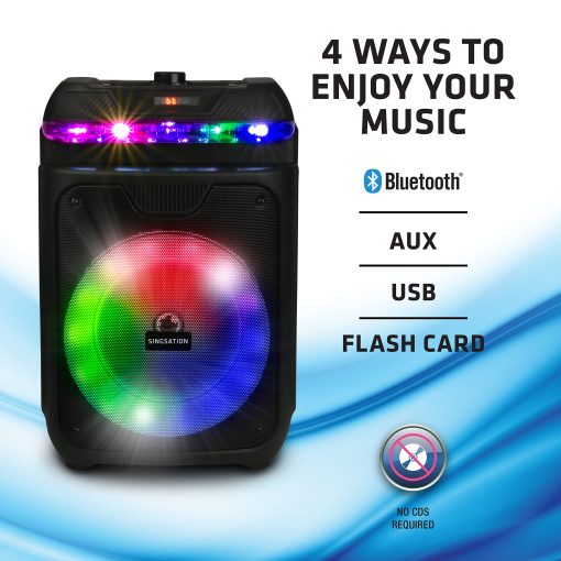 Maquina de Karaoke Portatil Singsation, Dos Microfonos, Bluetooth 5.0, Altavoz de 8 pulgadas, Control Remoto y Luces LED, Recargable, Lector de Archivos de Musica USB y Micro SD, AUX y FM para Fiestas - Imagen 8