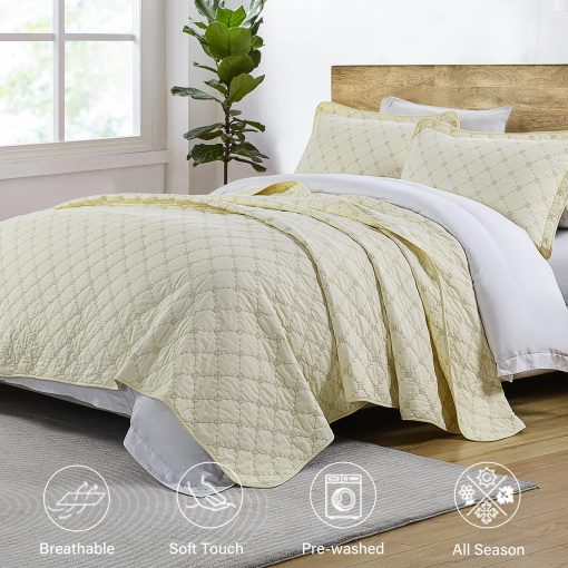 Juego de Colcha King Size Finlonte - Juego de Edredon King de Algodon 100%, Colcha King Size, Edredon Suave Ligero Acolchado, Juego de Ropa de Cama King con Bordado de Diamante en Solido Crema, 98x106 - Imagen 2