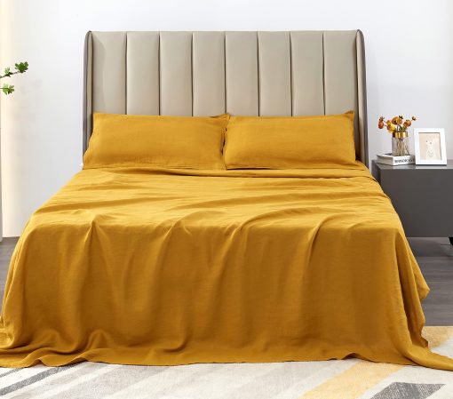 Juego de sabanas de lino 100% organico S VICTORY SYMBOL California King, Juego de ropa de cama de lino natural frances certificado GOTS lavado a la piedra, 4 piezas, sabanas transpirables de lujo (Amarillo, CK) - Imagen 3