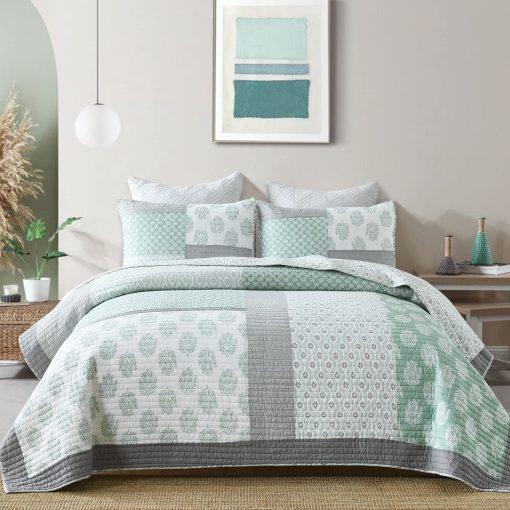 Edredon Queen Size Y-PLWOMEN, 100% algodon, suave y ligero, colcha de cama verde gris blanco, colcha reversible de patchwork, juego de ropa de cama para todas las estaciones, 3 piezas