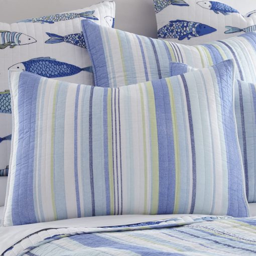 Juego de Edredon Levtex Home - Catalina - Edredon Tamano Completo/Queen (88x92in.) + Dos Fundas de Almohada Estandar (26x20in.) - Patron a Rayas Costeras en Azules y Verdes - Reversible - Tela de Algodon - Imagen 3