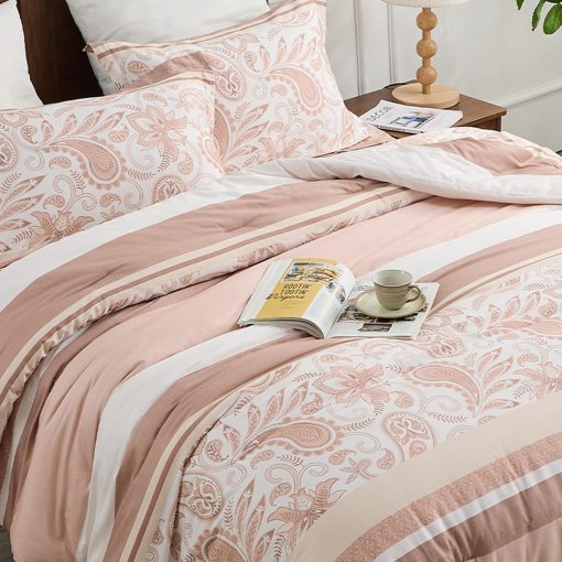 Juego de edredon queen FineStichery en rosa, 100% algodon de fibra larga con rayas de estilo campestre, juego de ropa de cama ligera de flores paisley chic, suave alternativa de plumon para todas las estaciones, 3 piezas - Imagen 4