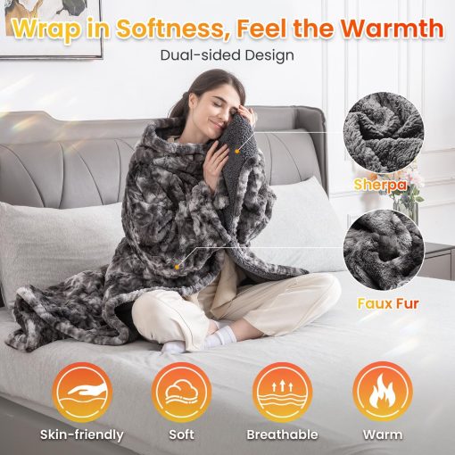 Manta termica portatil WOOMER 50?70?, Suave Faux Fur y Acogedor Sherpa con Bolsillos para los Pies y Mangas, 4 Niveles de Calentamiento y Apagado Automatico de 4H, Certificado ETL, Lavable a maquina - Imagen 3