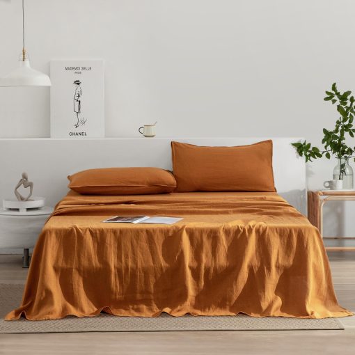 Juego de sabanas de lino EVERLY tamano gemelo, 100% lino puro frances, 3 piezas (1 sabana plana, 1 sabana ajustable, 1 funda de almohada) Adecuado para personas que duermen calientes, Juego de cama natural con bolsillo profundo lavado con piedra - Caramelo - Gemelo