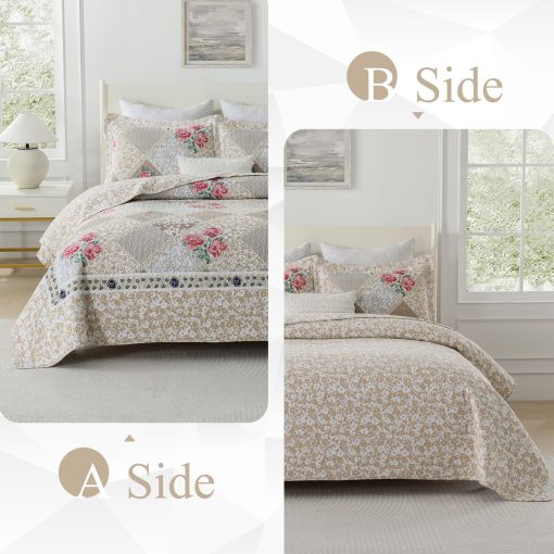 Colcha de Cama Floral Extra Grande King 128"x120" - 100% Algodon Reversible Colcha California King con 2 Fundas de Almohada, Colcha de Cama King Ligera, Marron, Cal King - Imagen 8