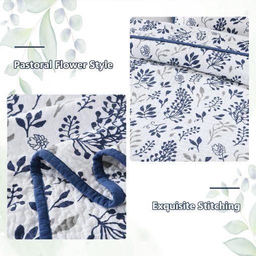 Edredon tamaño Queen LORRIARD, 100% Algodon Floral Juego de Colcha Queen, Juego de Cama Queen Azul Gris de Estilo Granja, Colcha Reversible Ligera para Todas las Estaciones, 3 Piezas - Imagen 5