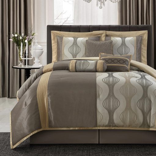 Juego de Edredon LANCO MODERN LIFESTYLE Queen, Gris Oro, 7 Piezas en un Paquete, Jacquard Ultra Suave con Trabajo de Piezas Solidas, Juego de Cama de Lujo con Edredones, Falda de Cama, Fundas de Almohada y Almohadas Decorativas