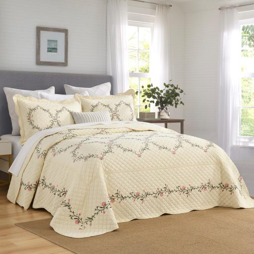 Colcha de cama SahSahCasa 100% algodon 120"x102", Colcha de cama Queen extragrande con bordado, edredon reversible Queen Flores XL, Colcha acolchada ligera Comforter, 3 piezas - Imagen 2