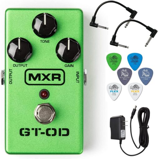 Pedal de Efectos de Guitarra Overdrive Briskdrop MXR M193 GT-OD con Bundle de 2 Cables de Parche, 6 Puas Dunlop y Fuente de Alimentacion (M193bundle2)