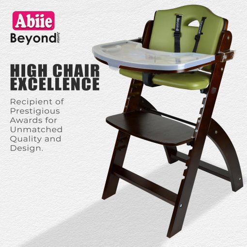 Silla alta convertible de madera Abiie Beyond Junior para bebes y ninos pequenos. Silla alta ajustable 3 en 1 con bandeja desmontable, facil de limpiar, portatil. De 6 meses hasta 250 libras. Madera caoba / Cojin oliva - Imagen 6