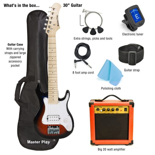 Guitarra Electrica Master Play de 30 Pulgadas, Para Ninos/Principiantes Con Kit de Inicio Completo, Amplificador de 20 Vatios, 6 Cuerdas Extra, Puas, Estuche para guitarra, Correa de hombro, Afinador digital, Cable, Pano de lavado Sunburst - Imagen 2