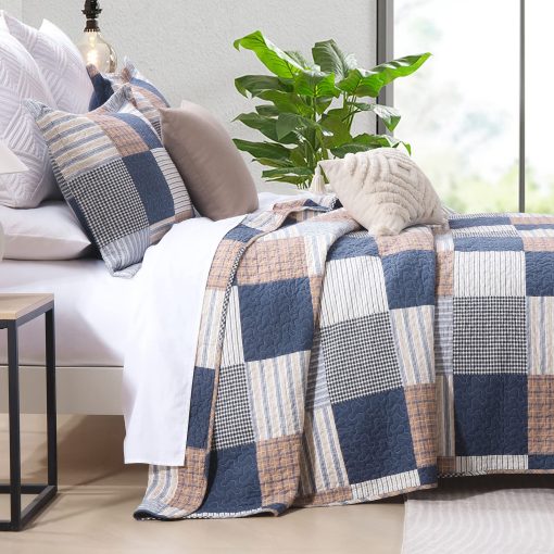 Juego de Edredon Queen Y-PLWOMEN, Edredon Queen de Algodon 100%, Edredon de Cuadros Queen Navy Brown White, Edredon Reversible Suave Queen Tamaño para Todas las Estaciones, 3 Piezas - Imagen 3